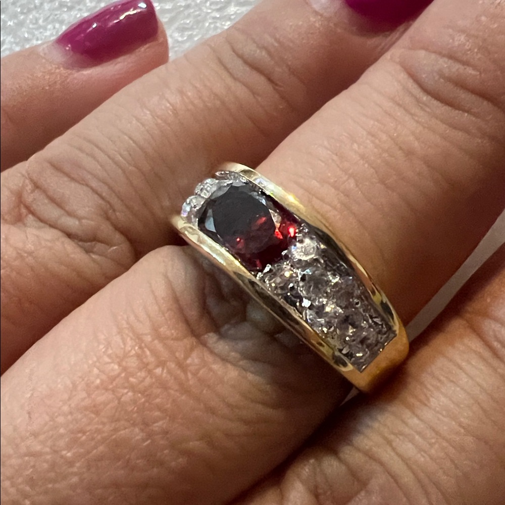 Size 8 red ring gold 14k electroplated vintage old stock cubic zirconia